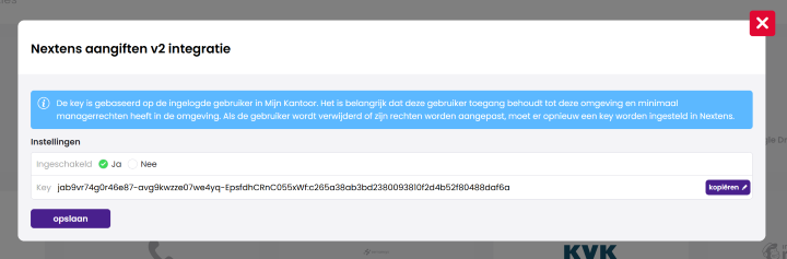 Het scherm Nextens aangiften v2 integratie in Mijn Kantoor met de optie Ingeschakeld op Ja, de gegenereerde API key in het veld Key en de knoppen kopiëren en opslaan.