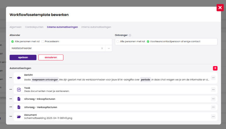 Het scherm Workflowfasetemplate bewerken op het tabblad Externe automatiseringen, met afzender en ontvanger en daaronder een Bericht, een Taak, twee uitvragen en een Document.