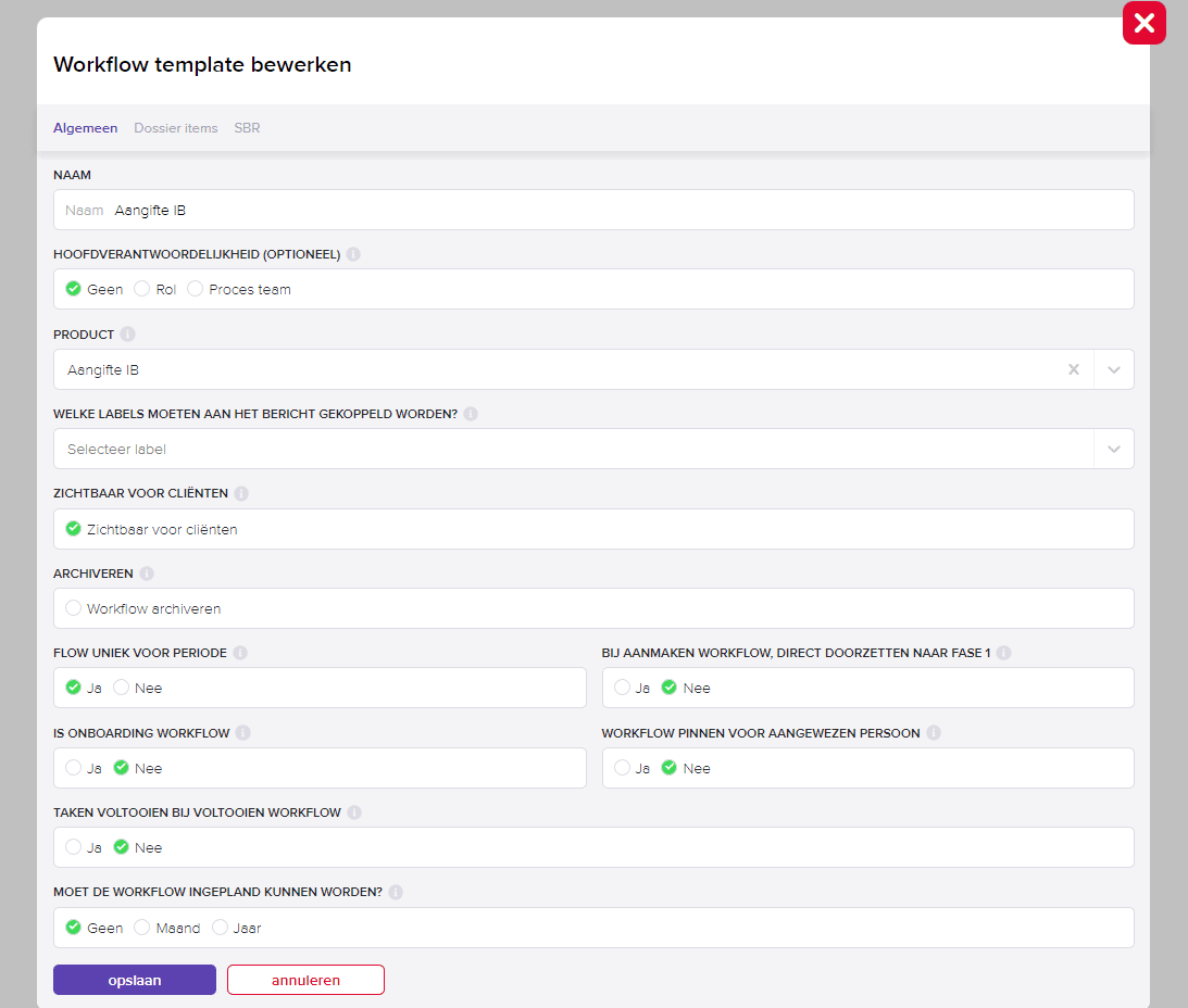 Het venster Workflow template bewerken op het tabblad Algemeen, met de optie Zichtbaar voor cliënten aangevinkt.