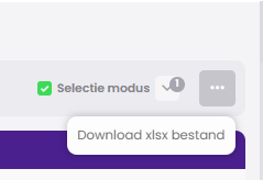 De selectiemodus is aangevinkt en het menu met de drie puntjes rechtsboven toont de optie Download xlsx bestand.