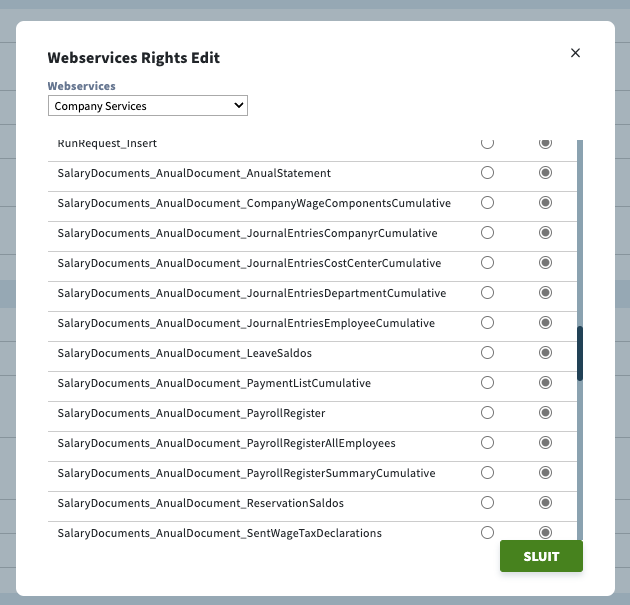 Het scherm "Webservices Rights Edit" in Nmbrs met Company Services geselecteerd en de rechten die beginnen met SalaryDocuments_AnualDocument op actief.