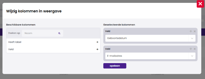 Het venster Wijzig kolommen in weergave met links de beschikbare kolommen (Heeft label en Veld) en rechts de geselecteerde kolommen Geboortedatum en E-mailadres, met de knop opslaan.
