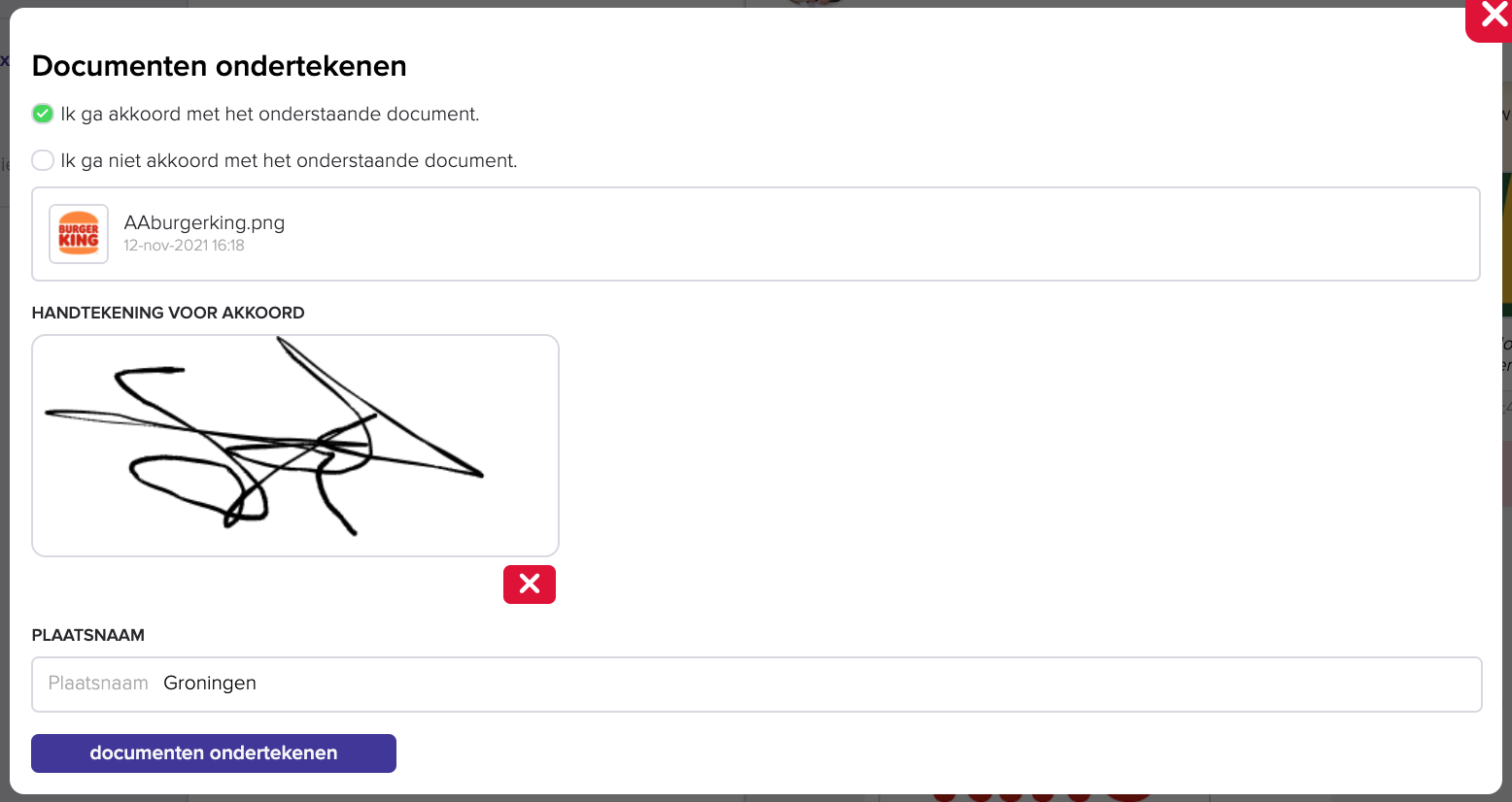 De pop-up Documenten ondertekenen waarin de klant Ik ga akkoord met het onderstaande document. kiest, een handtekening zet en een plaatsnaam invult, met de knop documenten ondertekenen.