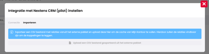 Het tabblad Importeren in het venster Integratie met Nextens CRM (pilot) instellen met de knop om een CSV-bestand uit het externe pakket te uploaden.