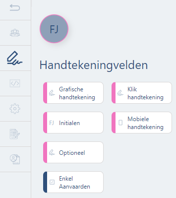 Het linker menu met de handtekeningvelden Grafische handtekening, Klik handtekening, Initialen, Mobiele handtekening, Optioneel en Enkel Aanvaarden.