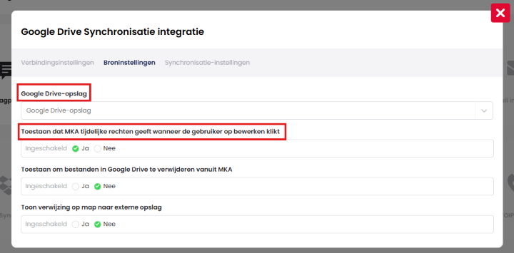 Tabblad Broninstellingen met de velden Google Drive-opslag en Toestaan dat MKA tijdelijke rechten geeft wanneer de gebruiker op bewerken klikt gemarkeerd.