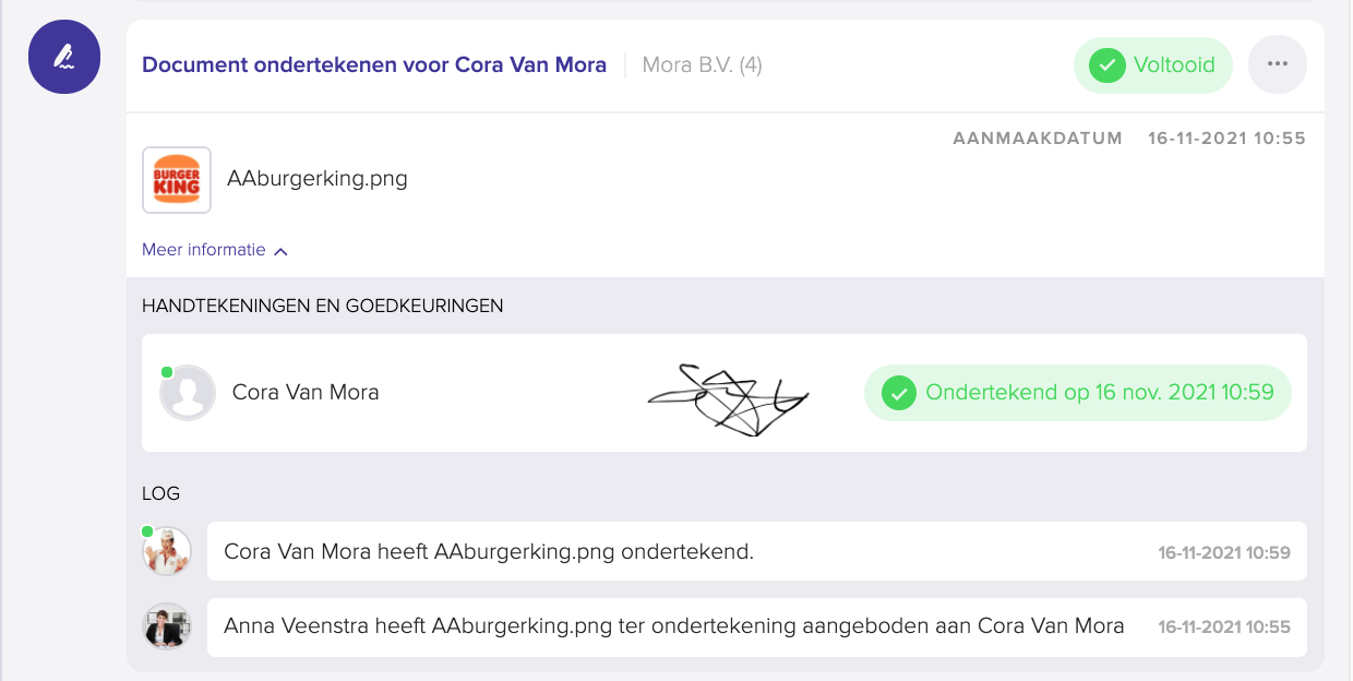 De voltooide taak met uitgeklapte Meer informatie, met de handtekening van de klant, de status "Ondertekend op 16 nov. 2021 10:59" en het log met de acties.