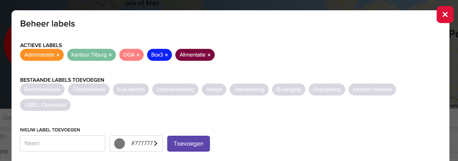 De pop-up Beheer labels met de actieve labels van de cliënt, de bestaande labels die je kunt toevoegen en een veld om een nieuw label met naam en kleur toe te voegen.