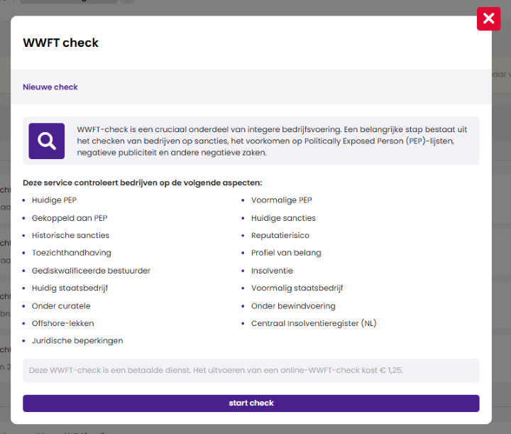 Het scherm WWFT check met de aspecten waarop een organisatie wordt gecontroleerd, de melding dat de check € 1,25 kost en de knop start check.