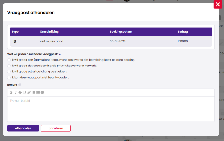 De pop-up Vraagpost afhandelen waarin de klant kiest uit vier opties en een bericht kan typen, met de knoppen afhandelen en annuleren.