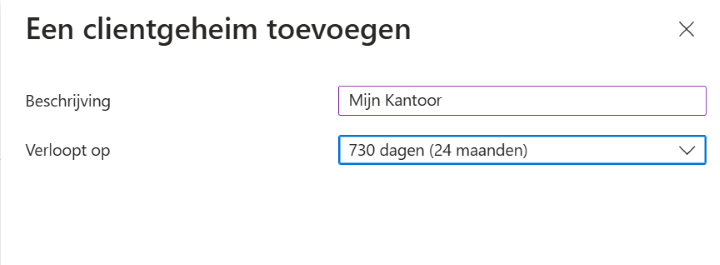Dialoogvenster "Een clientgeheim toevoegen" met beschrijving Mijn Kantoor en verloopt op 730 dagen (24 maanden).