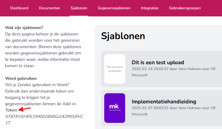 Zendoc, pagina Sjablonen, met een pijl naar de token in de tekst links op de pagina.