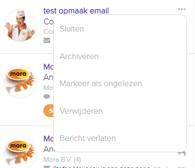 Menu bij een bericht in de berichtenlijst met de opties Sluiten, Archiveren, Markeer als ongelezen, Verwijderen en Bericht verlaten.