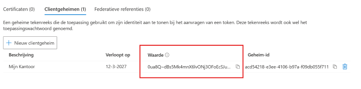 Overzicht van clientgeheimen in Azure met de kolom Waarde gemarkeerd.