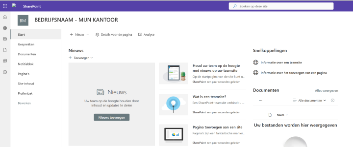 Nieuwe SharePoint-teamsite "Bedrijfsnaam - Mijn Kantoor" met de startpagina van de site.