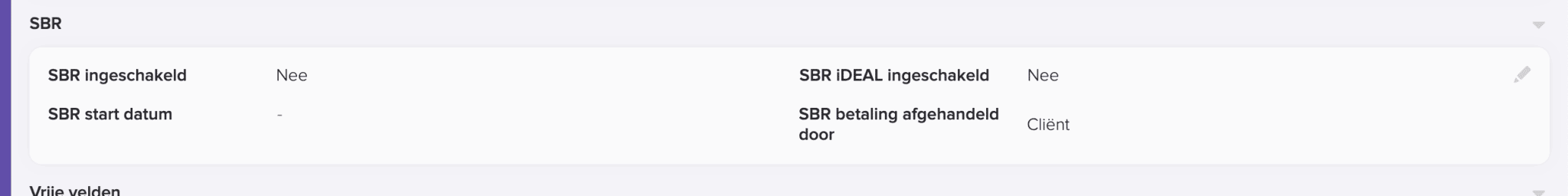 Het onderdeel SBR bij de cliëntgegevens in het CRM met de velden SBR ingeschakeld, SBR iDEAL ingeschakeld, SBR start datum en SBR betaling afgehandeld door.