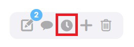 Printscreen van de pictogrammen op de klantkaart in het CRM, met het klok-icoon rood omkaderd.