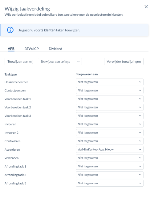 Het venster Wijzig taakverdeling met het tabblad VPB, waarin bij het taaktype Accorderen de waarde via MijnKantoorApp_Nieuw is gekozen.
