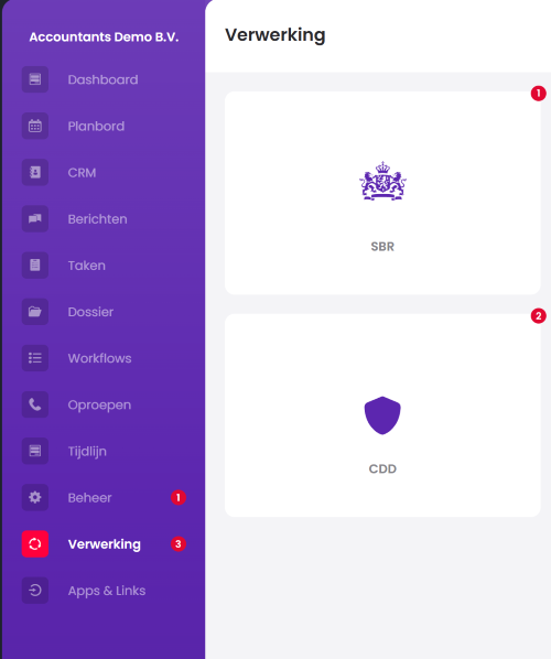 Het menu Verwerking in Mijn Kantoor met de tegels SBR en CDD, waarbij de CDD-tegel een rode badge met het getal 2 heeft.