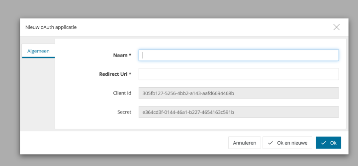 Het venster Nieuwe oAuth applicatie met de verplichte velden Naam en Redirect Uri en de automatisch gevulde velden Client Id en Secret.