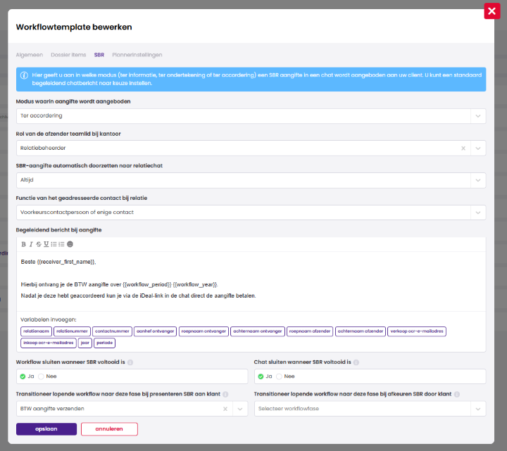 Het venster Workflowtemplate bewerken met het tabblad SBR geopend, met onder andere de modus van aanbieden, het begeleidende bericht en de opties voor het sluiten van workflow en chat.
