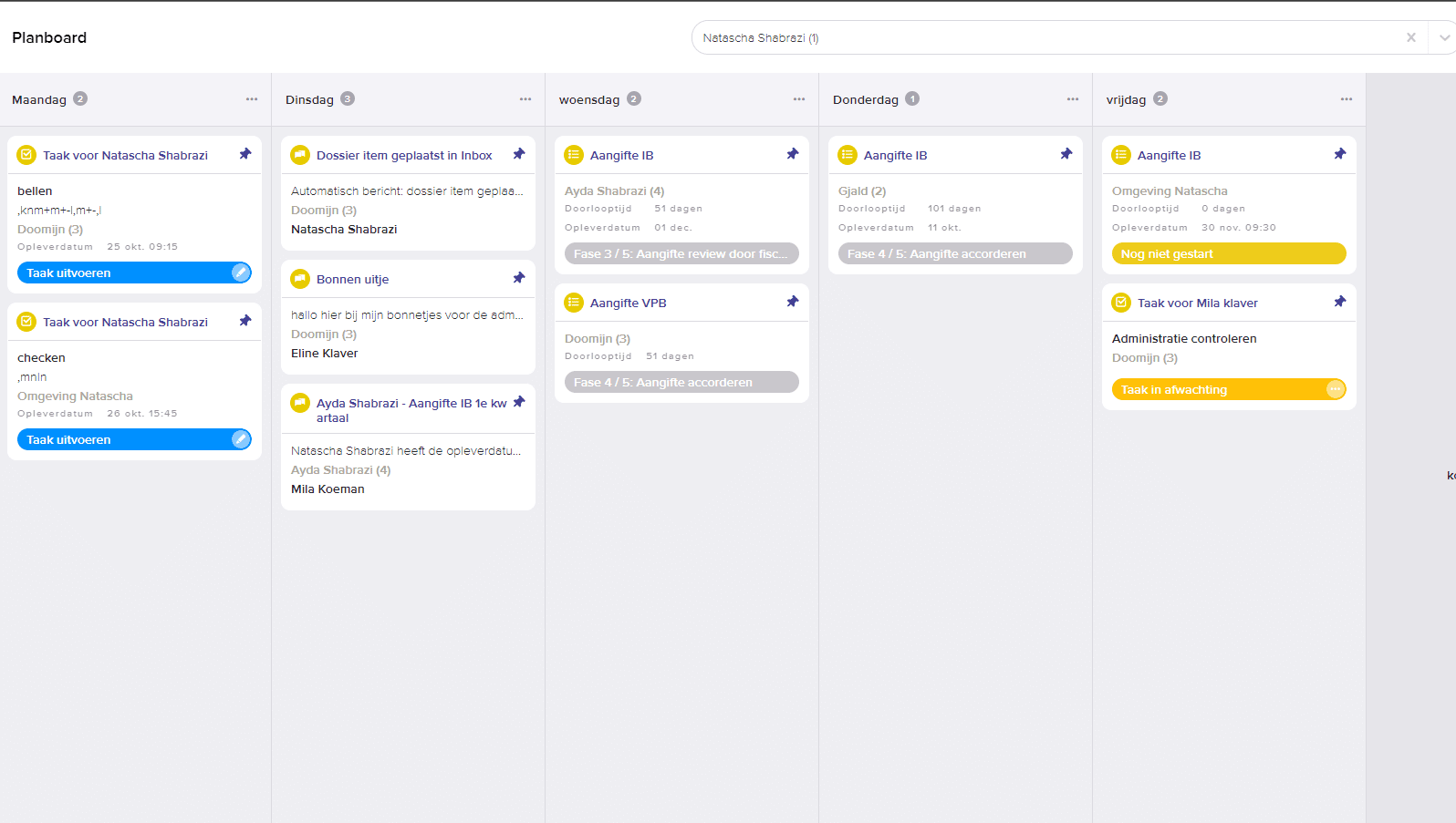 Planbord met kolommen van maandag tot en met vrijdag, gefilterd op één collega, met vastgepinde taken, berichten en workflows als kaarten.