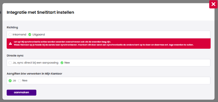 Het scherm Integratie met SnelStart instellen met Richting op Uitgaand, Directe sync op Nee, Aangiften btw verwerken in Mijn Kantoor op Ja en de knop aanmaken.