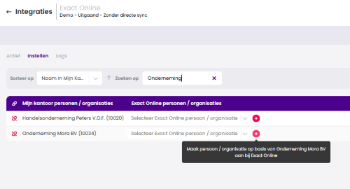 Het tabblad Instellen van de integratie Exact Online, met een zoekopdracht op "Onderneming" en een uitleg bij het plusicoon achter Onderneming Mora BV om de relatie aan te maken in Exact Online.