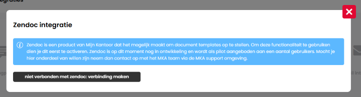 Venster Zendoc integratie in Mijn Kantoor met de knop "niet verbonden met zendoc: verbinding maken".