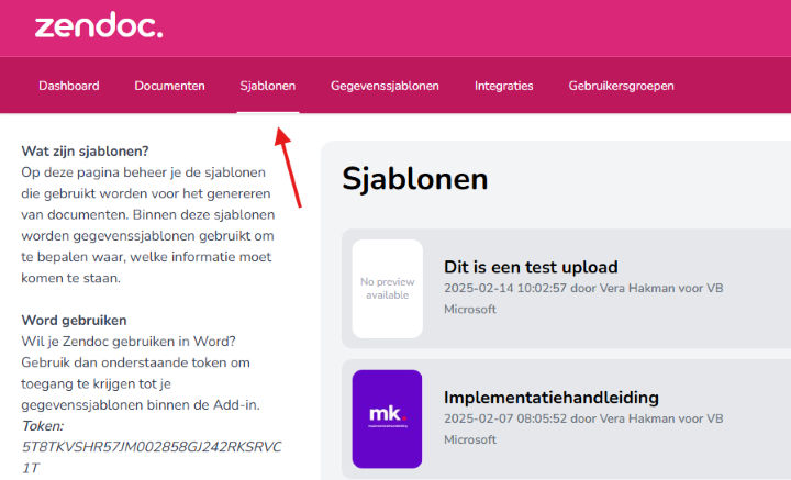 Zendoc met het tabblad Sjablonen gemarkeerd en een overzicht van de beschikbare sjablonen.