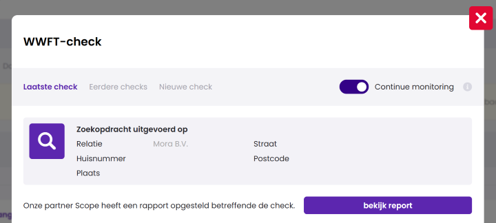 Het venster WWFT-check met het tabblad Laatste check geopend en de schakelaar Continue Monitoring ingeschakeld.