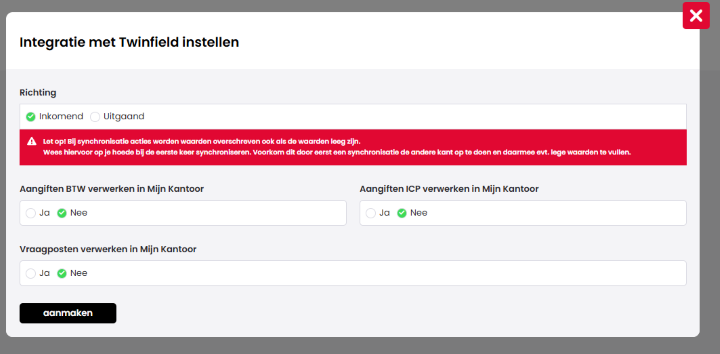 Het scherm Integratie met Twinfield instellen met de keuze voor de richting (Inkomend geselecteerd), een rode waarschuwing over overschrijven van waarden, de opties Ja/Nee voor BTW-aangiften, ICP-aangiften en vraagposten en de knop aanmaken.