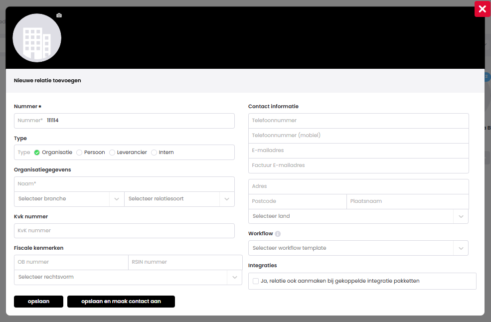 Het venster Nieuwe relatie toevoegen in Mijn Kantoor met type Organisatie geselecteerd en velden voor organisatiegegevens, KvK-nummer, fiscale kenmerken, contactinformatie, adres, workflow en integraties.