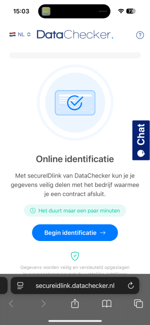 Startscherm Online identificatie van DataChecker in de browser met de knop Begin identificatie.