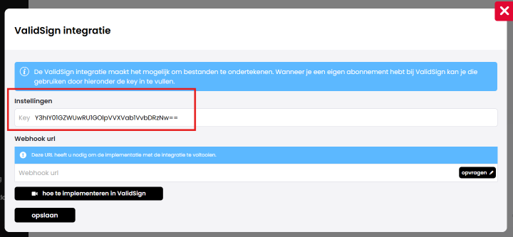 Het venster ValidSign integratie in Mijn Kantoor met het veld Key onder Instellingen gemarkeerd.