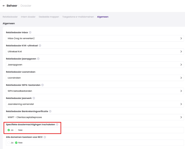 Printscreen van Beheer > Dossier > Algemeen, met de instelling Specifieke dossiermachtigingen inschakelen rood gemarkeerd en op Ja gezet.
