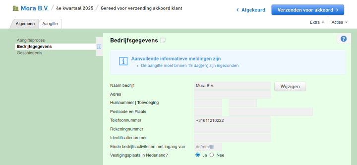 Nextens-aangifte met de status Gereed voor verzending akkoord klant en rechtsboven de blauwe knop Verzenden voor akkoord.