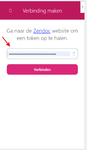 Zendoc-plugin in Word met het scherm Verbinding maken, waarbij het invoerveld voor de token is gemarkeerd, en de knop Verbinden.