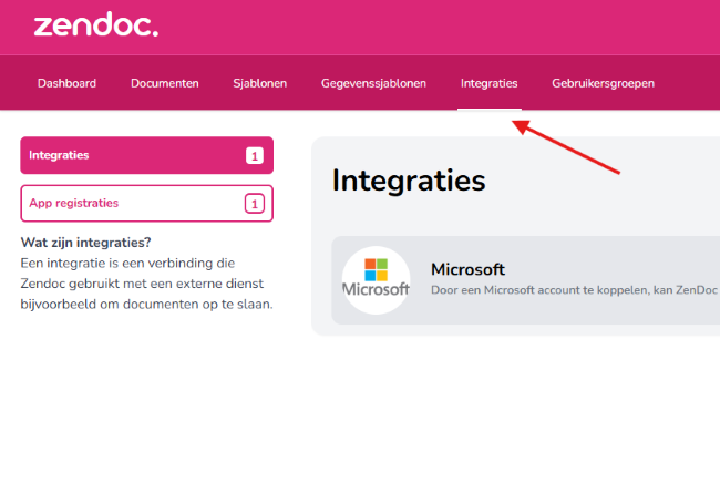 Zendoc met het tabblad Integraties gemarkeerd, waarin de Microsoft-integratie wordt getoond.