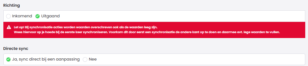 De instellingen Richting met Uitgaand geselecteerd, met daaronder de rode waarschuwing over overschrijven van waarden en de optie Directe sync met "Ja, sync direct bij een aanpassing" geselecteerd.