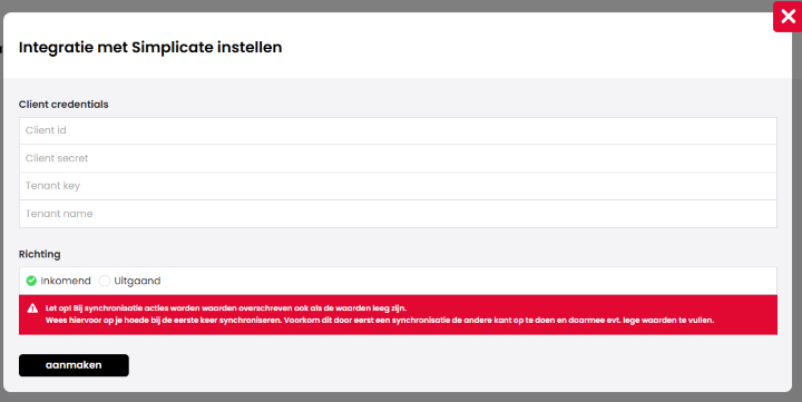 Het scherm Integratie met Simplicate instellen met de velden Client id, Client secret, Tenant key en Tenant name, de richting Inkomend of Uitgaand (Inkomend geselecteerd), een rode waarschuwing over overschreven waarden en de knop aanmaken.
