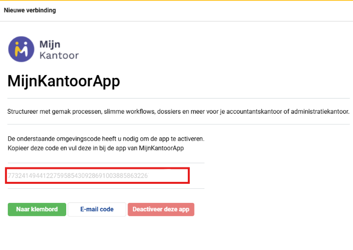 Het scherm Nieuwe verbinding van MijnKantoorApp met de gegenereerde omgevingscode rood gemarkeerd.