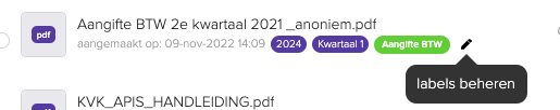 Een documentenlijst in het dossier waarbij onder de documentnaam de labels 2024, Kwartaal 1 en Aangifte BTW staan, met een potloodpictogram met de tekst labels beheren.
