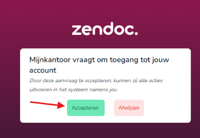 Inlogpagina van Zendoc waarop Mijn Kantoor om toegang vraagt, met de knop Accepteren gemarkeerd.