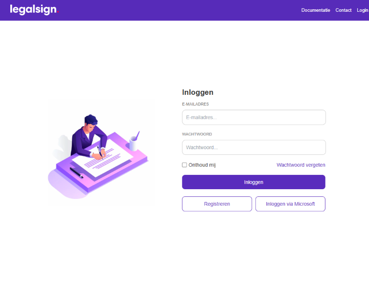 De inlogpagina van Legalsign met velden voor e-mailadres en wachtwoord en de knoppen Inloggen, Registreren en Inloggen via Microsoft.