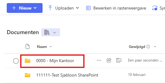 SharePoint-bibliotheek Documenten waarin de map "0000 - Mijn Kantoor" rood is omlijnd.