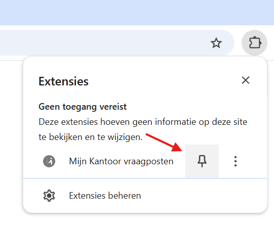 Het extensiemenu van Chrome, met een rode pijl naar het speldje achter Mijn Kantoor vraagposten waarmee je de plugin vastpint.