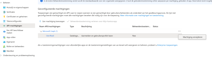 Azure-pagina API-machtigingen met het menu achter de bestaande Microsoft Graph-machtiging en de optie Machtiging verwijderen.
