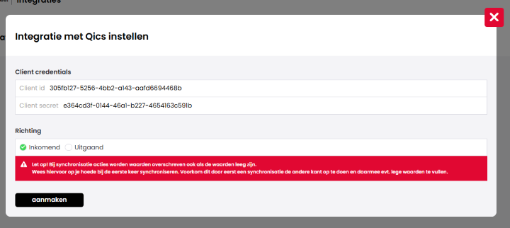 Het venster Integratie met Qics instellen in Mijn Kantoor met Client id, Client secret, de richting Inkomend of Uitgaand, een rode waarschuwing en de knop aanmaken.