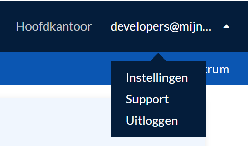 Het gebruikersmenu rechtsboven in Nextens met de opties Instellingen, Support en Uitloggen.